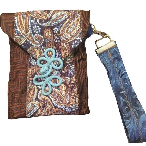 Handmade Upcycled Vintage Brown Blue Neck Tie Cell Phone Wristlet Purse Bag - Picture 1 of 3